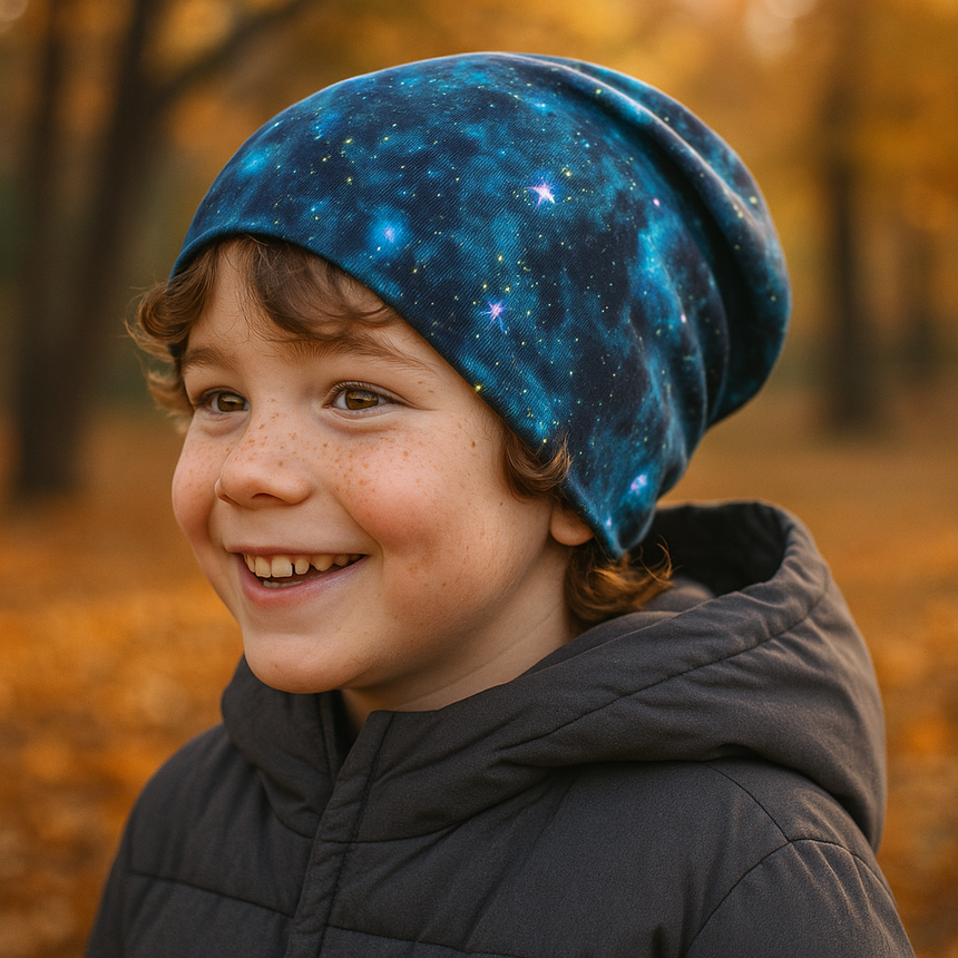 Kind mit lockigem Haar trägt eine Wollhuhn Öko Long Beanie / Wendemütze in Space-Design. Die Mütze ist zweilagig, lässig geschnitten und ideal für kühle Tage.