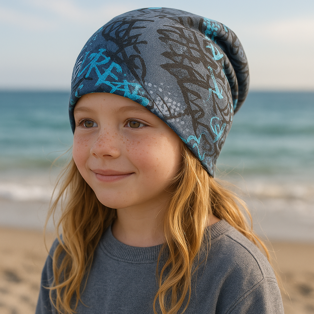 Mädchen am Strand trägt eine Wollhuhn Öko Long Beanie Wendemütze in Blau, lässig und zweilagig für ganzjähriges Tragen, ideal für Kinder und Jugendliche.