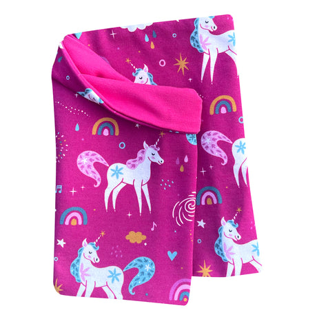Wollhuhn Leichtes Lockeres Öko Jersey Halstuch mit Einhörnern und Regenbögen, handgemacht, weich und wendbar, ideal für Kinder im Frühling und Sommer.