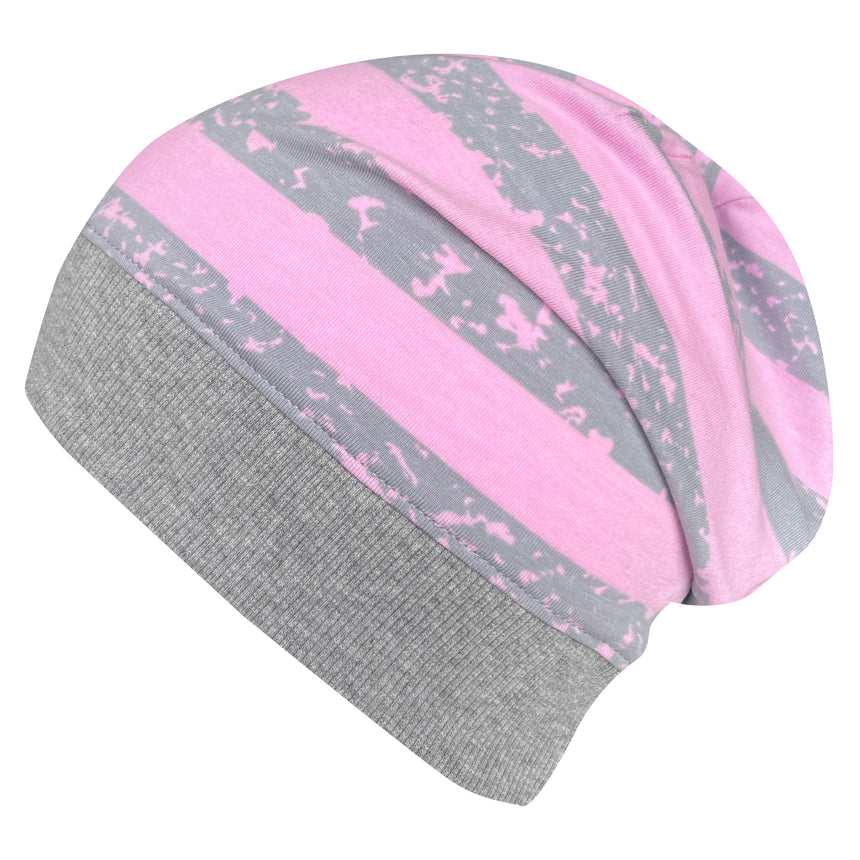 Wollhuhn Dünne Öko Beanie-Mütze, handgemacht, grau-rosa gestreift, weich, formstabil, ideal für Übergangszeiten und unter Helmen tragbar.