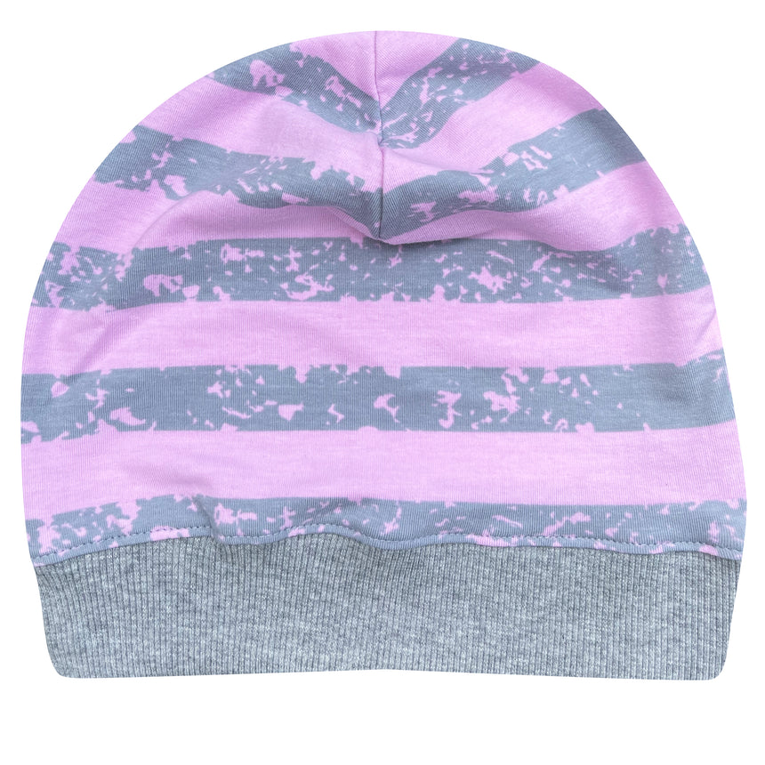 Wollhuhn Dünne Öko Beanie-Mütze: Handgemachte, dehnbare Beanie mit grauen und rosa Streifen, ideal für Übergangszeit, aus sanftem Öko-Jersey, perfekt für Kinder.