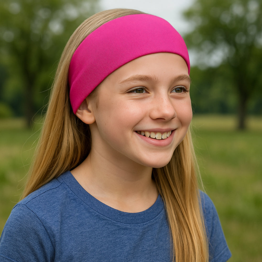 Nahaufnahme eines Mädchens mit pinkem Wollhuhn Elastisches Öko Stirnband, aus handgefertigtem, doppellagigem Jersey, ideal für Outdoor-Aktivitäten und vielseitiges Tragen.