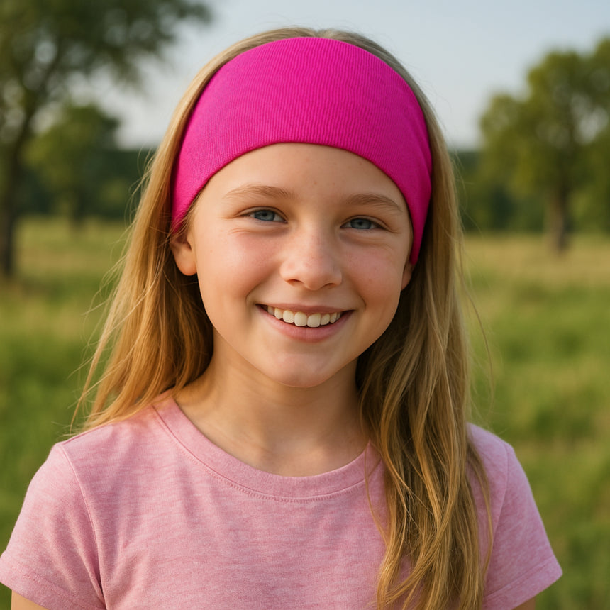 Mädchen trägt Wollhuhn Elastisches Öko Stirnband, zweilagig, breit, in Pink. Handgemacht in Deutschland, ideal für Sport und Outdoor-Aktivitäten.