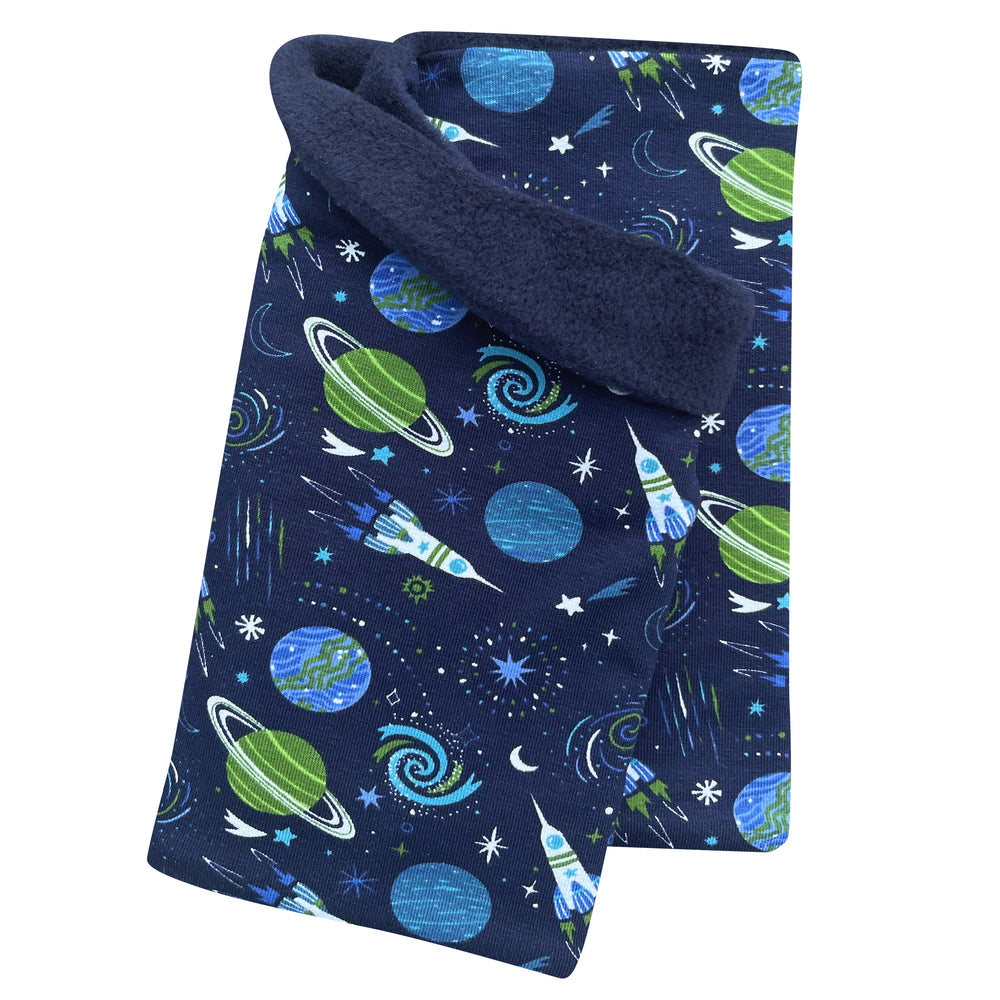 Wollhuhn Halstuch / Schlupfschal / Loop WARM mit Space/Rakete-Motiv, innen mit kuscheligem Fleece gefüttert, ideal für kalte Tage und Übergangszeiten. Handgemacht in Deutschland.