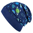 Wollhuhn Dünne Öko Beanie-Mütze Sommer/Übergang Einlagig Space/Rakete Dunkelblau, handgemachte Beanie mit Planeten- und Sternenmotiv, weich und dehnbar aus Öko-Jersey.