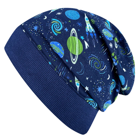 Wollhuhn Dünne Öko Beanie-Mütze Sommer/Übergang Einlagig Space/Rakete Dunkelblau, handgemachte Beanie mit Planeten- und Sternenmotiv, weich und dehnbar aus Öko-Jersey.