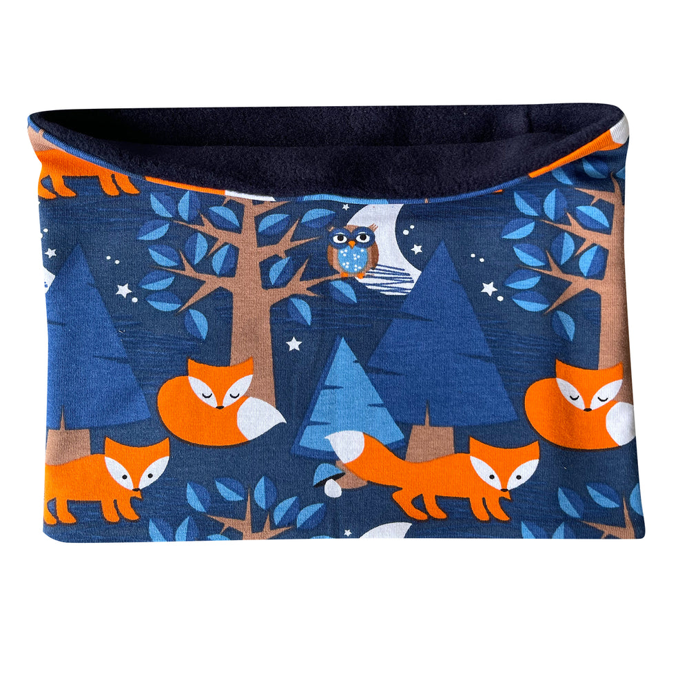 Wollhuhn Halstuch / Schlupfschal / Loop WARM mit Fuchs- und Baummuster, kuscheliges Fleecefutter, handgefertigt, ideal für kalte Tage, geeignet für Kinder und Erwachsene.