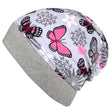 Wollhuhn Dünne Öko Beanie-Mütze Sommer/Übergang Einlagig, zeigt Schmetterlingsmotiv auf grauem Jersey, handgefertigt für Kinder, ideal für kühle Tage.