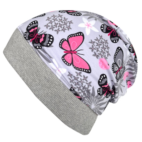 Wollhuhn Dünne Öko Beanie-Mütze Sommer/Übergang Einlagig, zeigt Schmetterlingsmotiv auf grauem Jersey, handgefertigt für Kinder, ideal für kühle Tage.