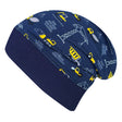 Wollhuhn Dünne Öko Beanie-Mütze: Handgemachte blaue Beanie mit Baustellenmotiven, elastisches Bündchen für Komfort, ideal für Übergangszeiten, aus nachhaltigem Öko-Jersey.