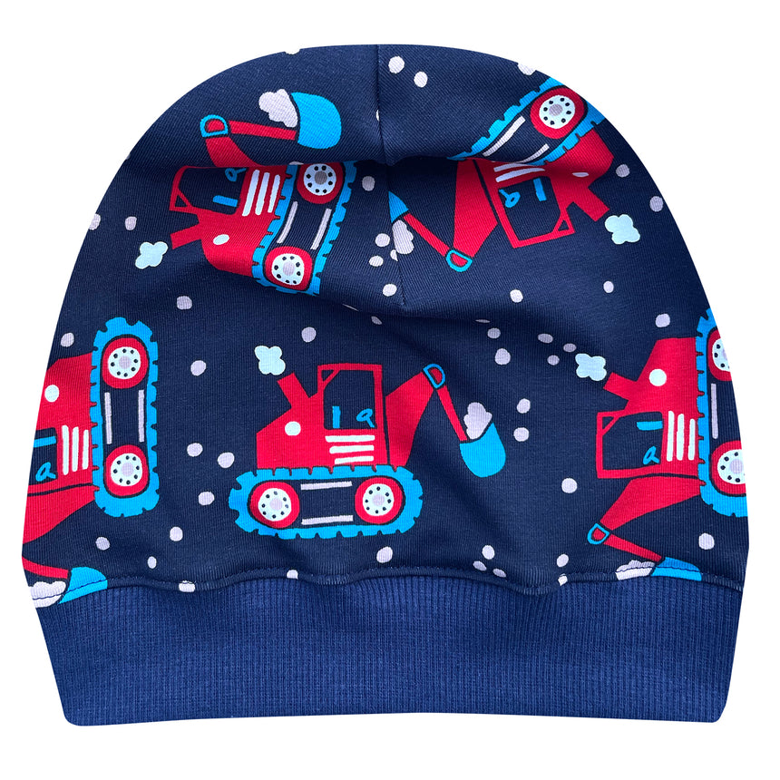 Wollhuhn Dünne Öko Beanie-Mütze mit roten Fahrzeugen, handgemacht aus weichem, dehnbarem Öko-Jersey. Perfekt für Kinder, ideal für Übergangszeiten.