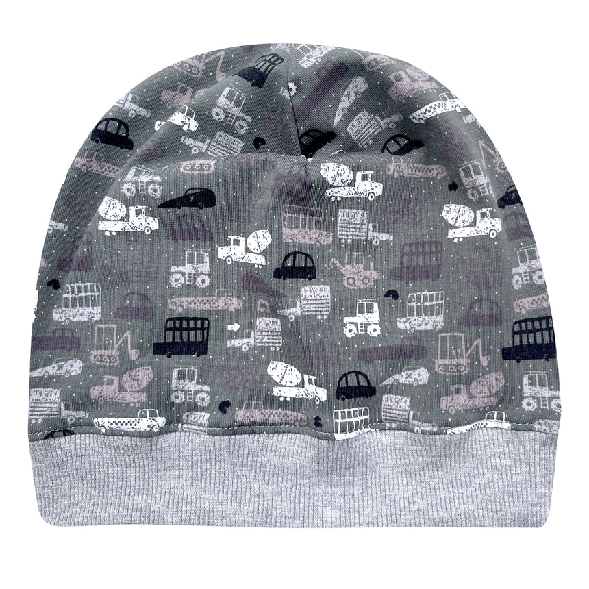 Wollhuhn Dünne Öko Beanie-Mütze Sommer/Übergang Einlagig mit Baustellenmuster, handgemacht aus dehnbarem Öko-Jersey, ideal für aktive Kinder und kühle Tage.