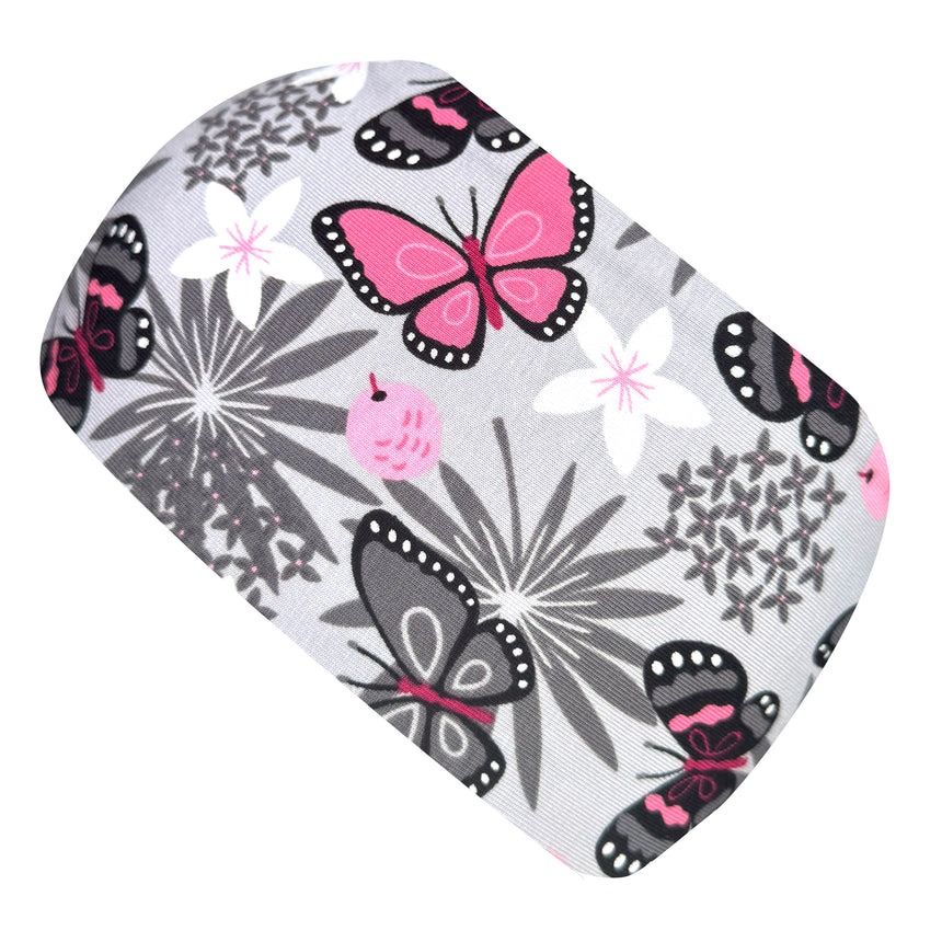 Wollhuhn Elastisches Öko Stirnband aus Jersey, zweilagig, mit Schmetterlingsmuster. Handgemacht, weich, dehnbar und vielseitig tragbar, ideal für Outdoor-Aktivitäten.