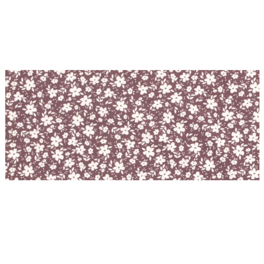 Wollhuhn Elastisches Öko Stirnband / Haarband Jersey Zweilagig Breit Blümchen Mauve zeigt ein handgefertigtes, weiches Stirnband mit floralem Muster, ideal für vielseitige Nutzung.