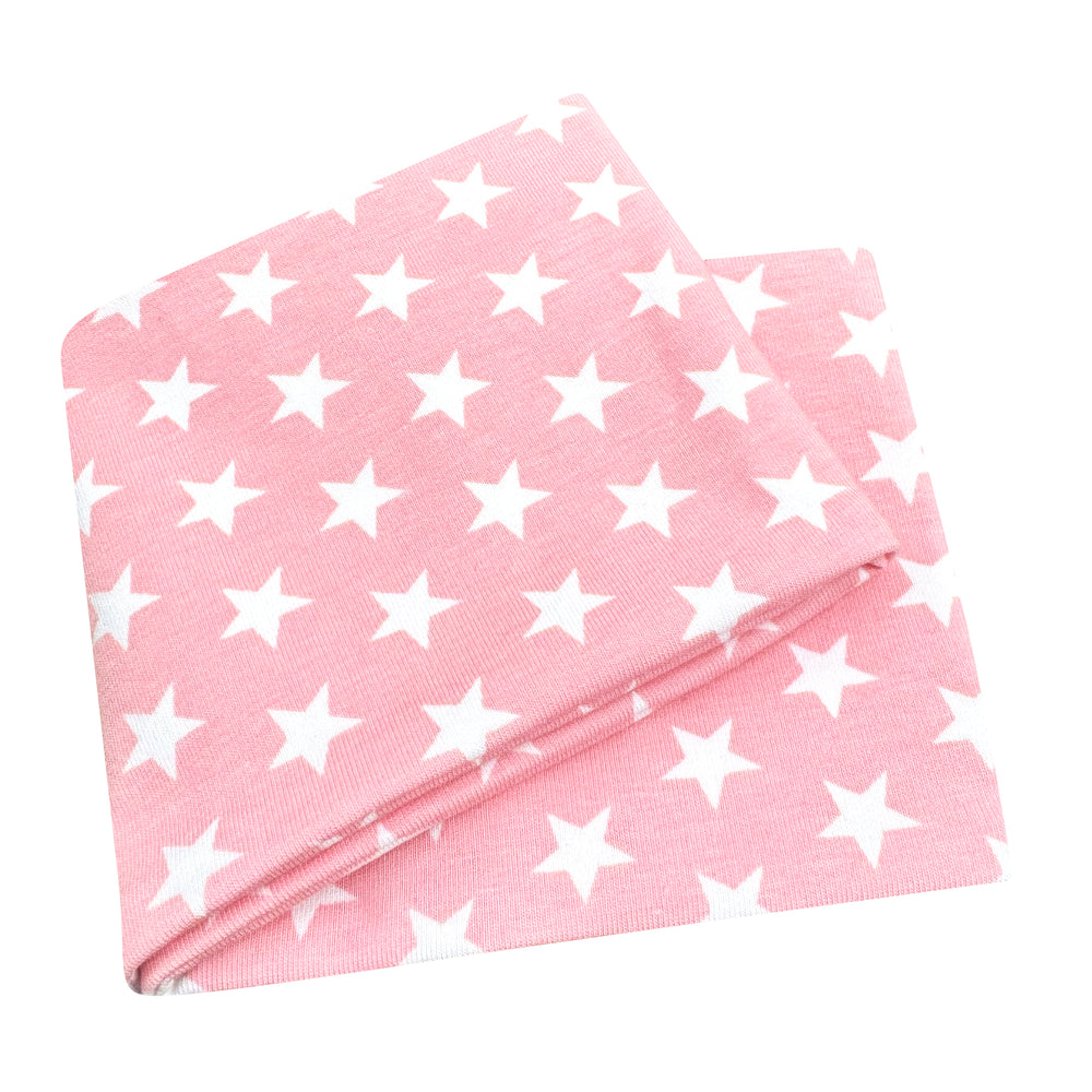 Wollhuhn Elastisches Öko Stirnband / Haarband Jersey Zweilagig Breit Sternchen Rosa/Weiß, handgemacht, dehnbar, weiches Stirnband mit weißen Sternen auf pinkem Hintergrund.