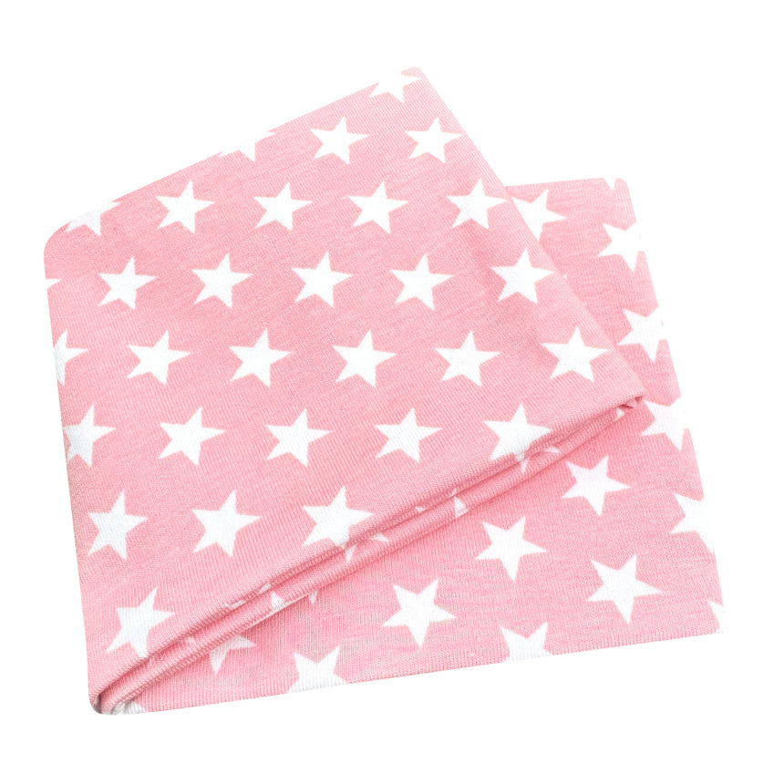 Wollhuhn Elastisches Öko Stirnband / Haarband Jersey Zweilagig Breit Sternchen Rosa/Weiß, handgemacht, dehnbar, weiches Stirnband mit weißen Sternen auf pinkem Hintergrund.