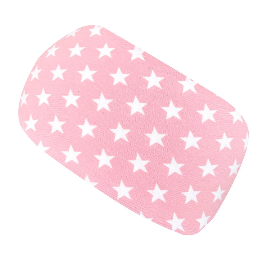 Wollhuhn Elastisches Öko Stirnband, rosa-weiß mit Sternen, handgemacht aus Bio-Baumwolle, ideal für diverse Aktivitäten und als modisches Accessoire.