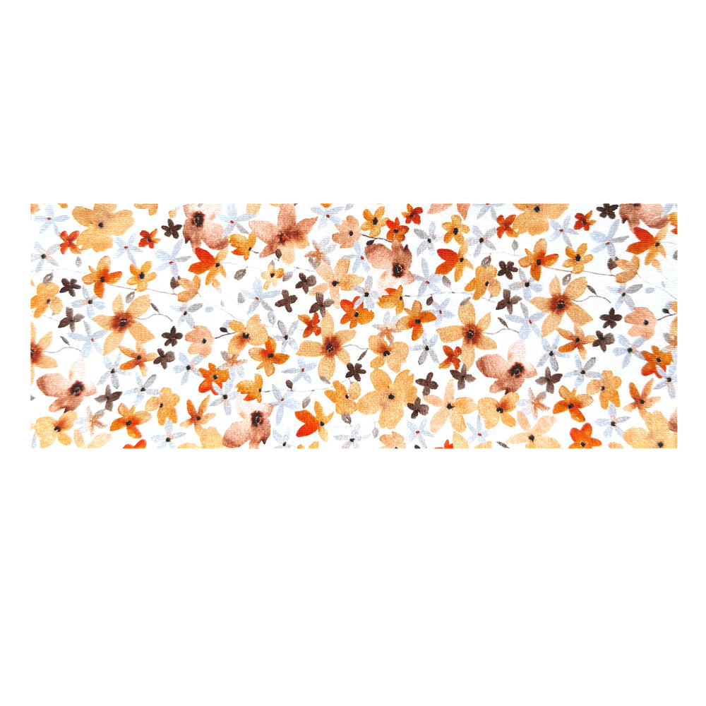 Wollhuhn Elastisches Öko Stirnband, zweilagig mit Aquarellblumenmuster, auf weißem Hintergrund, handgemacht aus weichem Jersey, ideal für vielseitige Anwendungen.