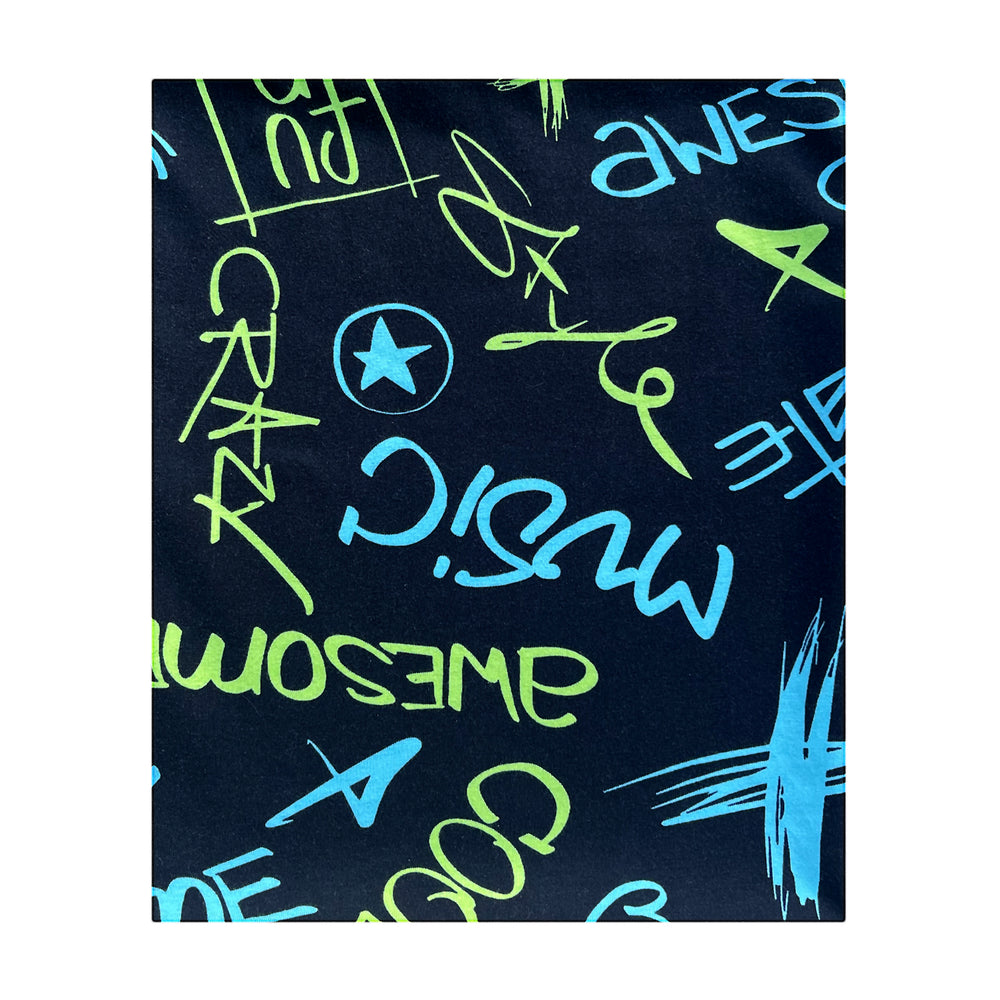 Wollhuhn LONG Loop, Jersey- oder Fleecefutter, Cool Music Schwarz: Dunkelblauer Schlauchschal mit elektrischen Graffiti-Motiven in Blau und Grün. Handgemacht, vielseitig für Kinder und Erwachsene.