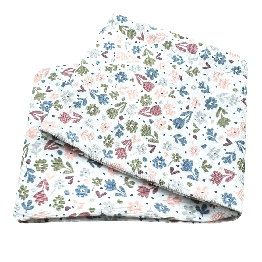 Wollhuhn Elastisches Öko Stirnband, doppellagig, breite Blümchenmuster, handgefertigt aus Bio-Baumwolle, weich und dehnbar, ideal für Alltag und Sport.