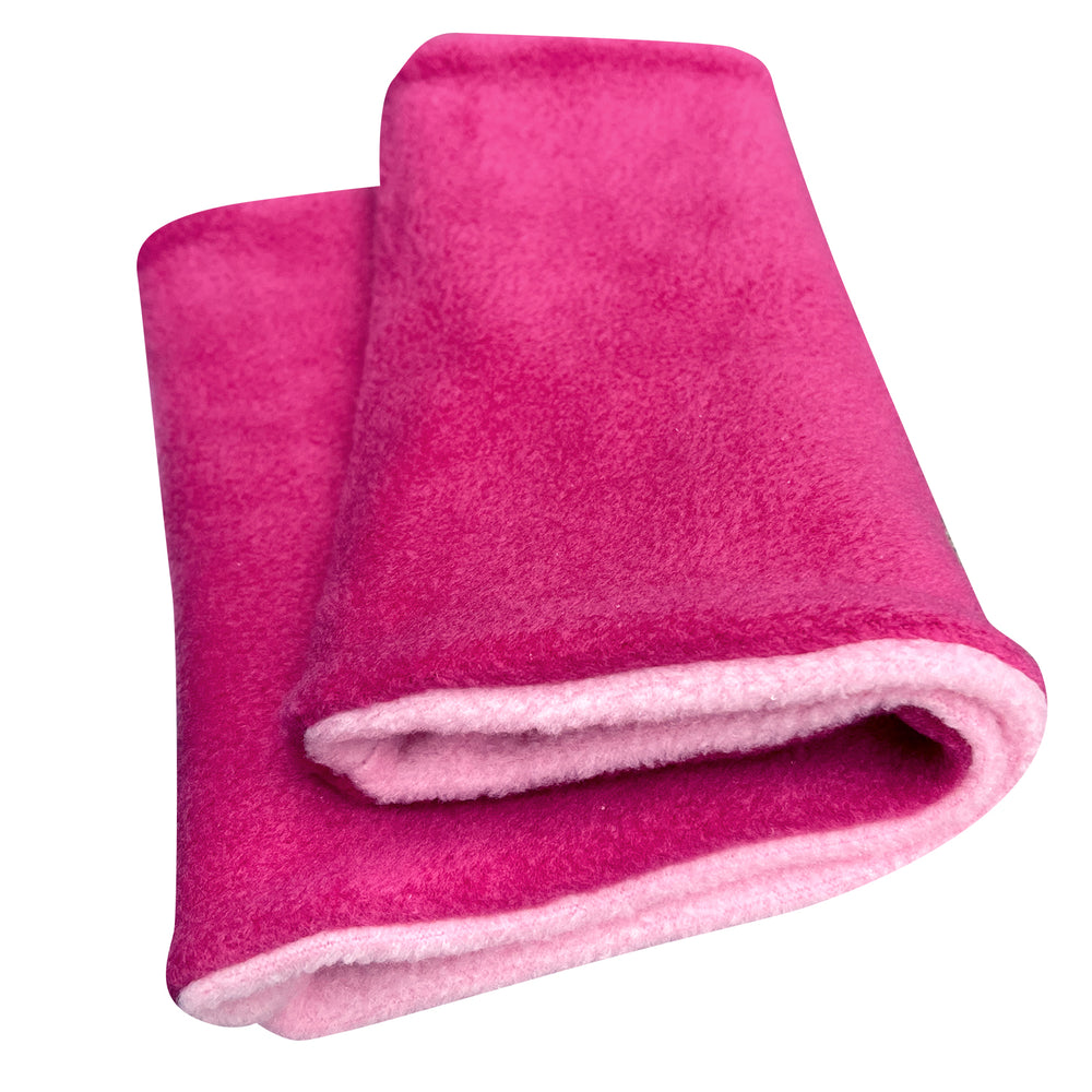 Wollhuhn WINTER Halstuch/Schlupfschal „Unser Wärmster“ aus zwei Lagen Fleece, handgemacht in Pink/Rosa, gefaltet dargestellt. Ideal für Kinder und Erwachsene.