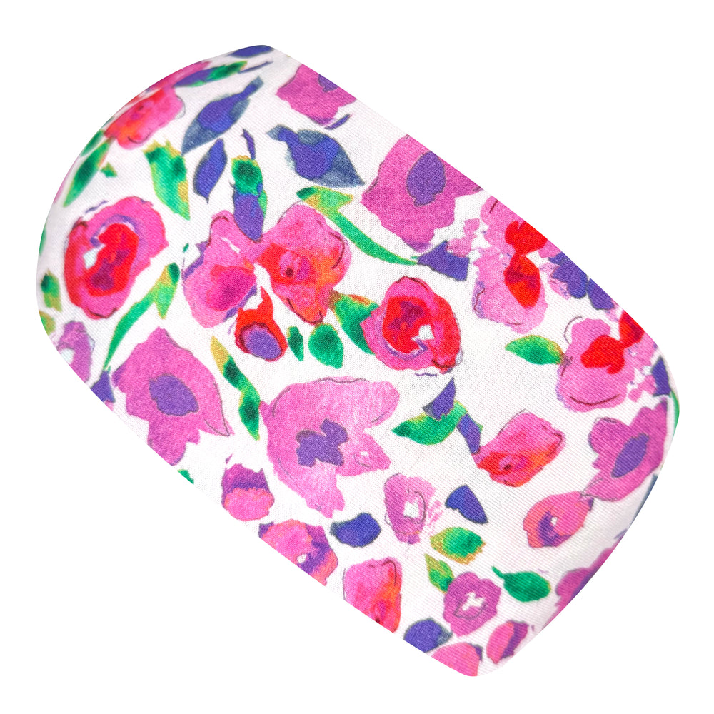 Wollhuhn Elastisches Öko Stirnband, zweilagig, mit Blumenmuster. Handgemachtes Accessoire aus weichem Jersey, ideal für Sport und Freizeit.