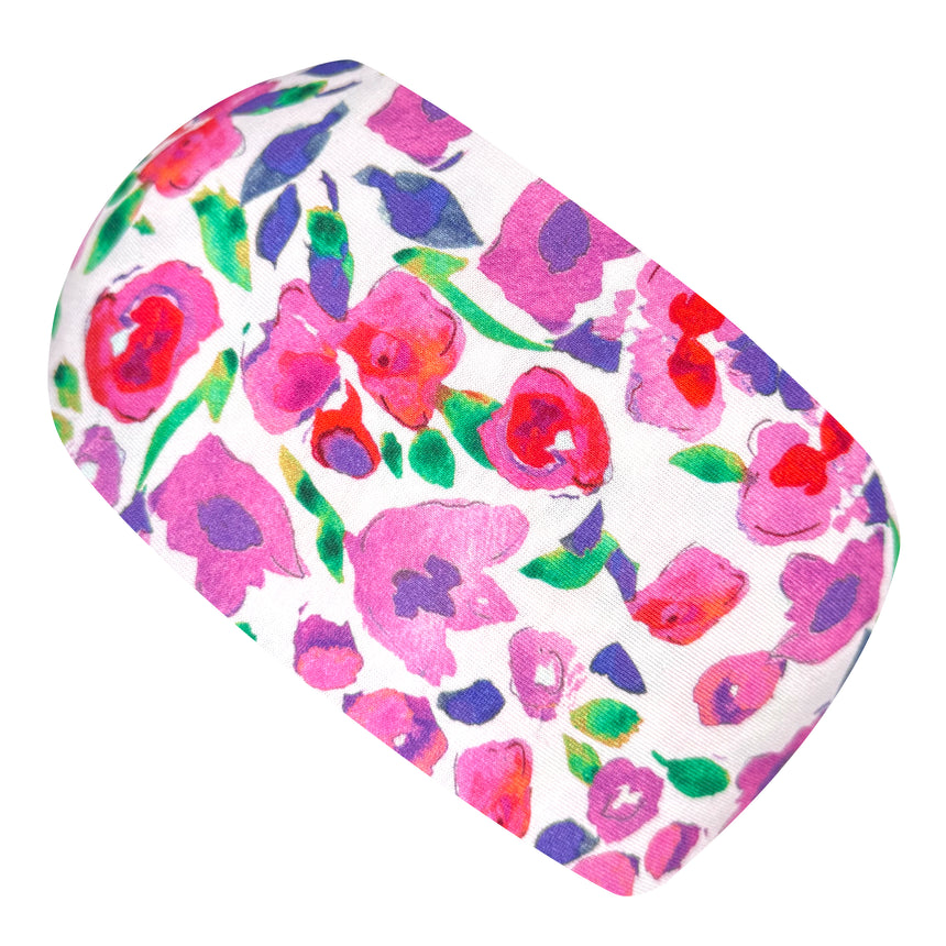 Wollhuhn Elastisches Öko Stirnband, zweilagig, mit Blumenmuster. Handgemachtes Accessoire aus weichem Jersey, ideal für Sport und Freizeit.