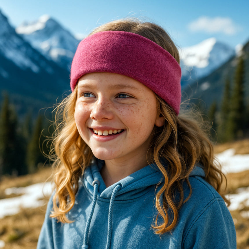 Mädchen mit Wollhuhn Elastisches Öko Stirnband, lächelnd vor alpiner Landschaft. Handgefertigtes, weiches Fleece-Stirnband, ideal für Winter und Herbst.