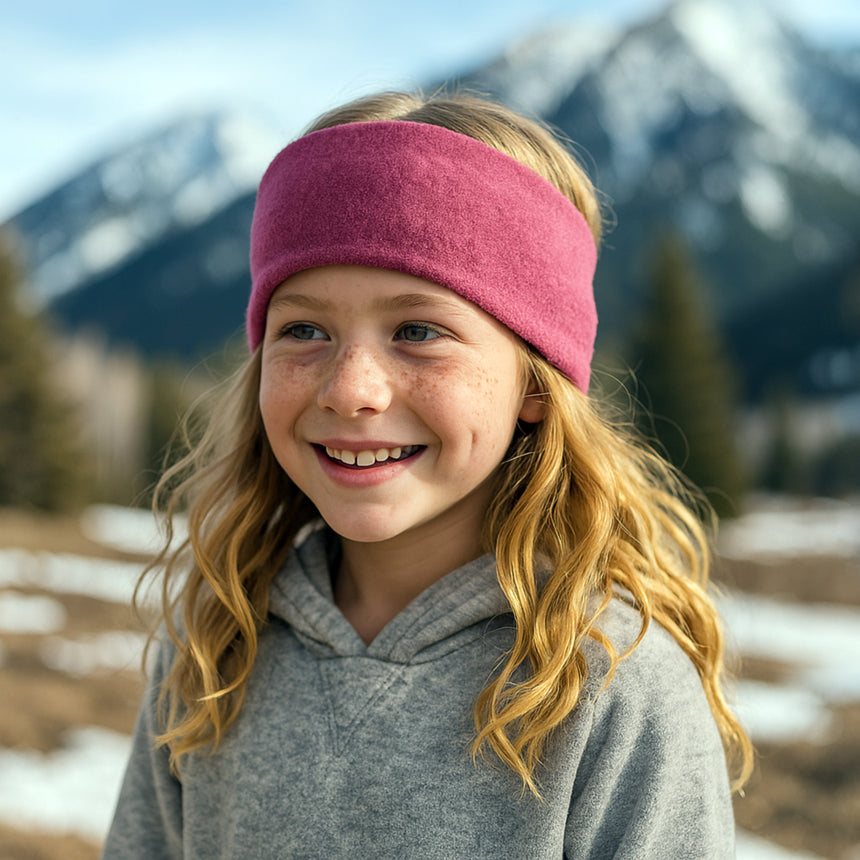 Mädchen im Freien mit Wollhuhn Elastisches Öko Stirnband aus zweilagigem Fleece, das ihre Ohren warm hält. Ideal für kalte Tage und sportliche Aktivitäten.