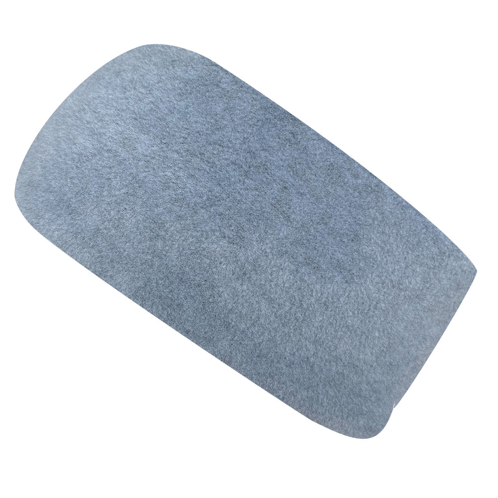 Graues, abgerundetes Rechteck aus Filzmaterial, symbolisiert das Wollhuhn Elastisches Öko Stirnband, zweilagig, ideal für kühles Wetter. Handgemacht in Deutschland.