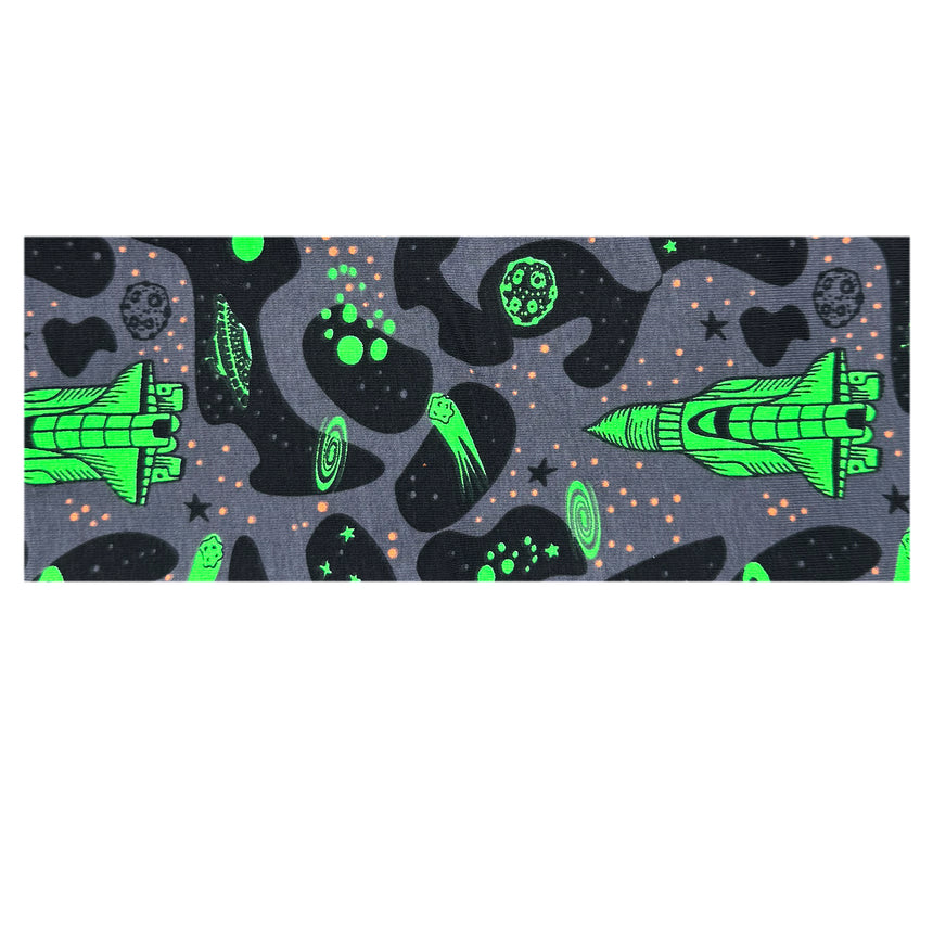 Wollhuhn Elastisches Öko Stirnband / Haarband Jersey Zweilagig Breit Space/Rakete Neon Grün – handgemachtes, dehnbares Stirnband mit grünem Raketenmuster auf weichem Jersey.