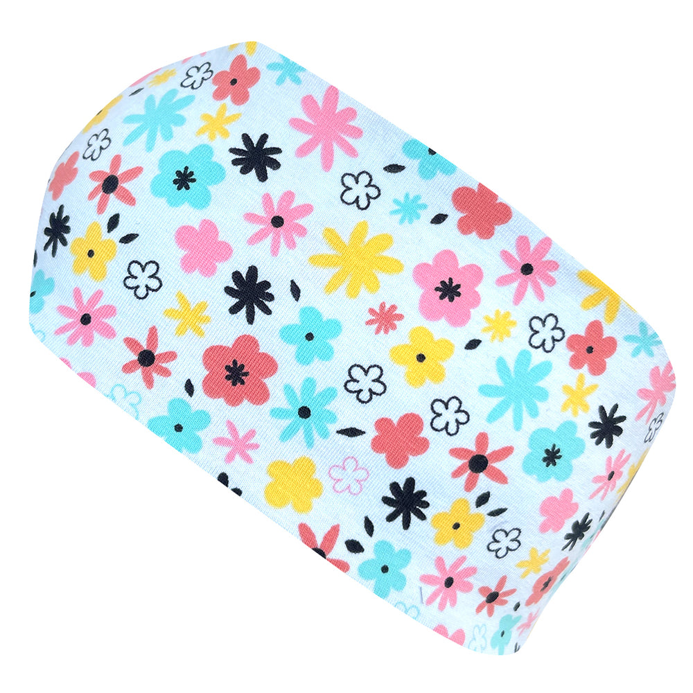 Wollhuhn Elastisches Öko Stirnband/Haarband, zweilagig, mit Blumenmuster, handgefertigt aus Bio-Baumwolle, ideal für Schule, Sport und Outdoor-Aktivitäten.