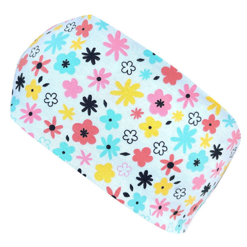 Wollhuhn Elastisches Öko Stirnband/Haarband, zweilagig, mit Blumenmuster, handgefertigt aus Bio-Baumwolle, ideal für Schule, Sport und Outdoor-Aktivitäten.