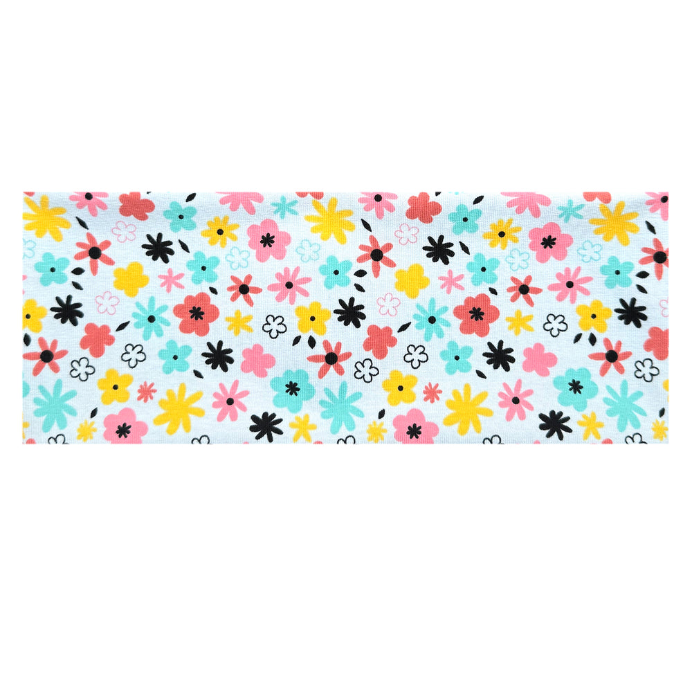 Wollhuhn Elastisches Öko Stirnband / Haarband Jersey Zweilagig Breit Blümchen Hellblau/Bunt, handgemachtes Stirnband mit Blumenmuster, ideal für vielseitige, stilvolle Tragbarkeit.