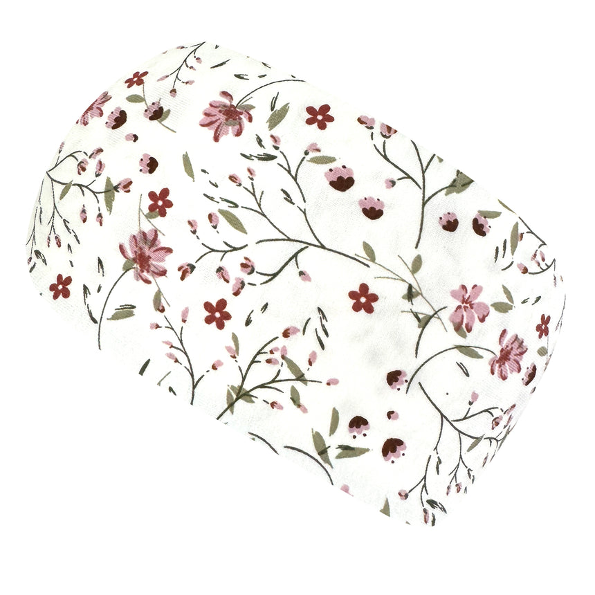 Wollhuhn Elastisches Öko Stirnband: Weißes, doppellagiges Jersey-Stirnband mit roséfarbenen Blumenmuster. Handgefertigt, weich und dehnbar, ideal für Freizeitaktivitäten.