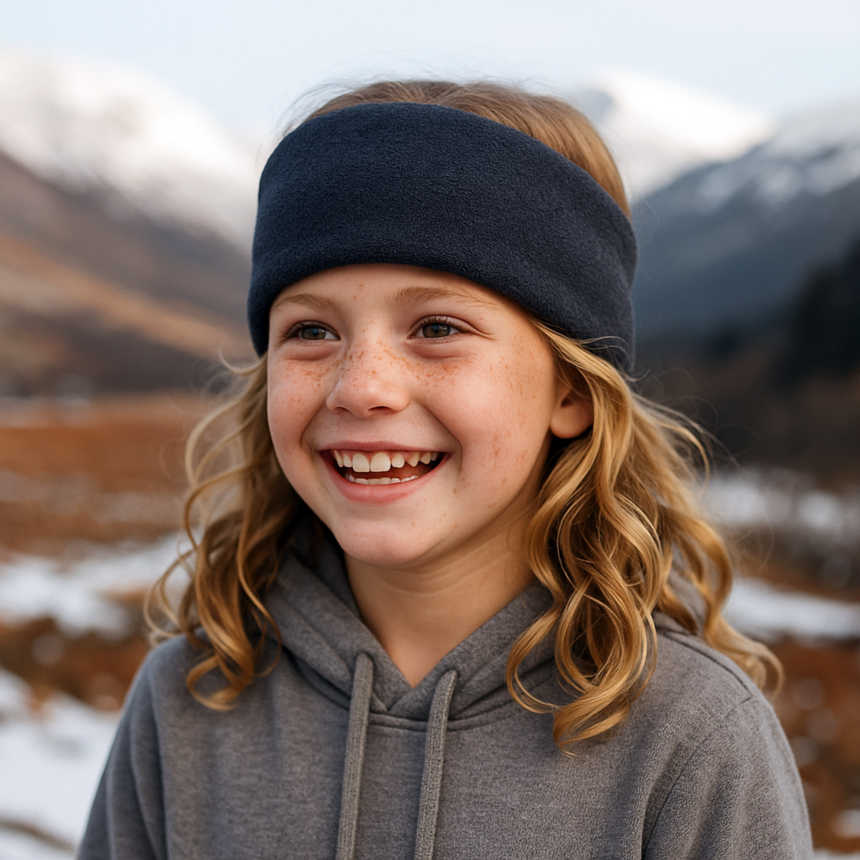 Ein strahlendes Kind trägt das Wollhuhn Elastisches Öko Stirnband aus zweilagigem schwarzem Fleece, ideal für kalte, windige Tage in den Bergen.