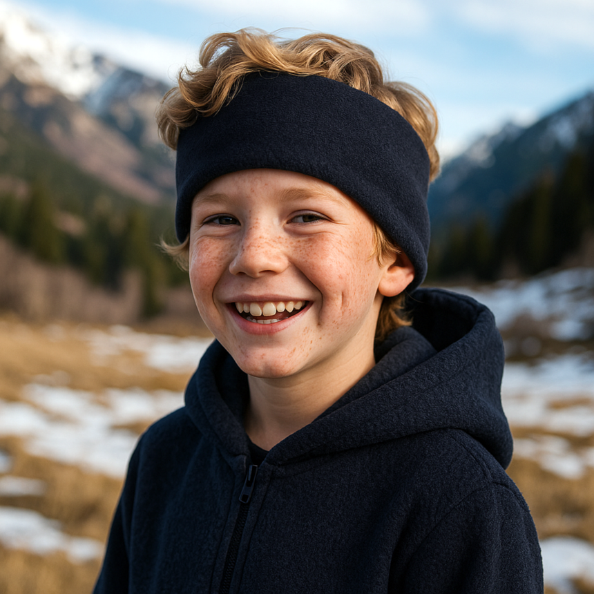 Junger Junge in einem Bergwiesen, trägt ein Wollhuhn Elastisches Öko Stirnband, zweilagig und schwarz, ideal für kaltes Wetter und sportliche Aktivitäten.
