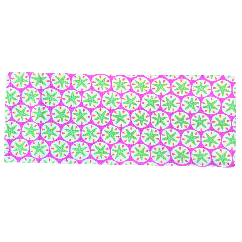 Wollhuhn Elastisches Öko Stirnband mit rosa-grünem Seesternmuster, handgefertigt aus weichem, dehnbarem Bio-Jersey, ideal für Outdoor-Aktivitäten und verschiedene Kopfgrößen.