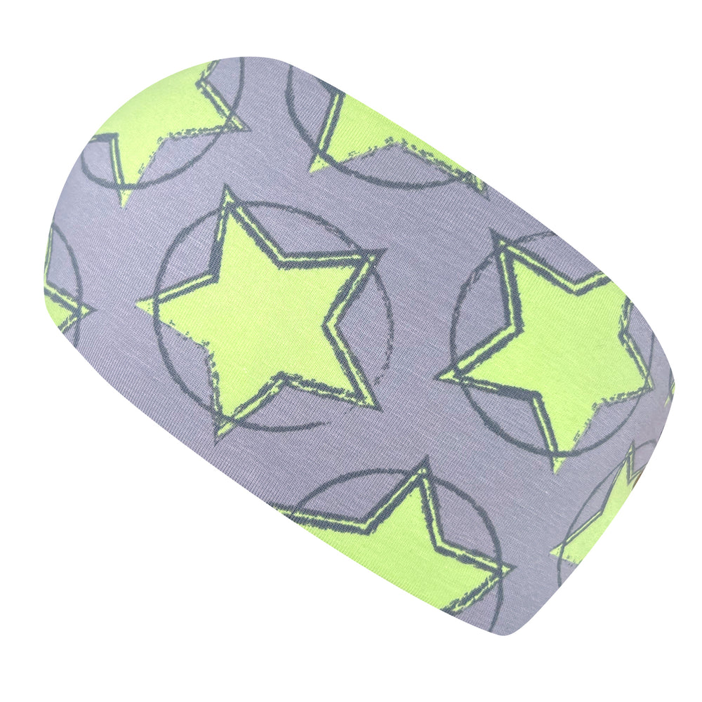 Wollhuhn Elastisches Öko Stirnband, zweilagig mit Sternenmuster, ideal für Schule und Sport. Handgemacht in Deutschland aus Bio-Baumwolle, vielseitig tragbar.