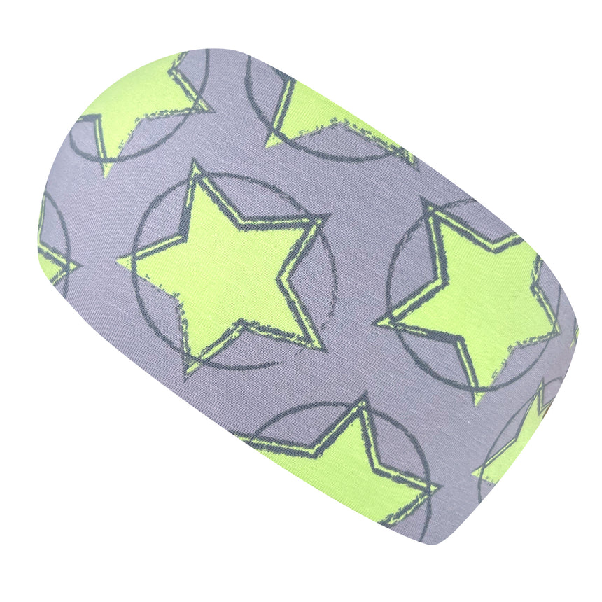 Wollhuhn Elastisches Öko Stirnband, zweilagig mit Sternenmuster, ideal für Schule und Sport. Handgemacht in Deutschland aus Bio-Baumwolle, vielseitig tragbar.