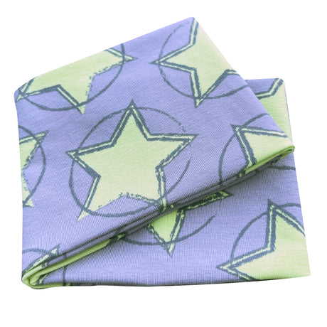 Wollhuhn Elastisches Öko Stirnband, handgemacht, zweilagig, mit grauen und grünen Sternen, ideal für Schule, Freizeit und Sport, aus weichem Öko-Jersey.