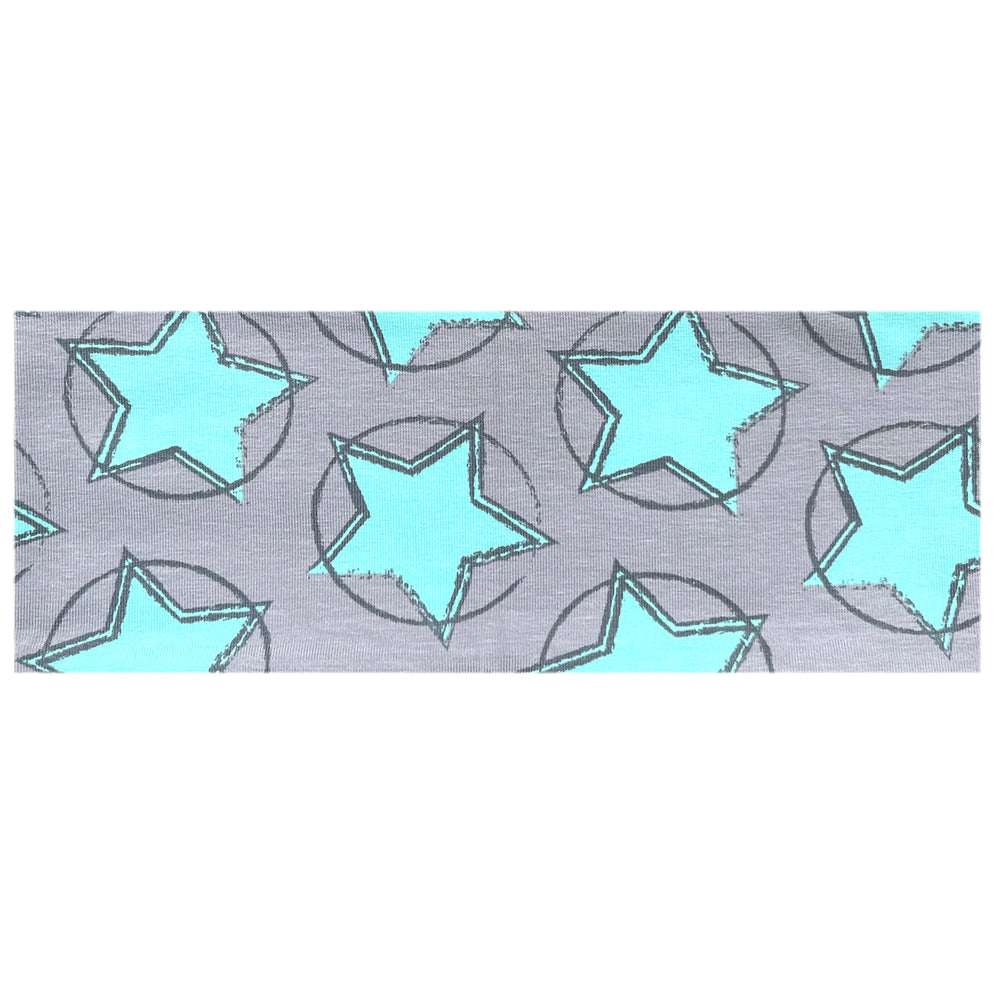 Wollhuhn Elastisches Öko Stirnband: Handgemachtes, doppellagiges Jersey-Stirnband mit blauen Sternmotiven auf grauem Stoff, ideal für vielseitigen Einsatz im Alltag.