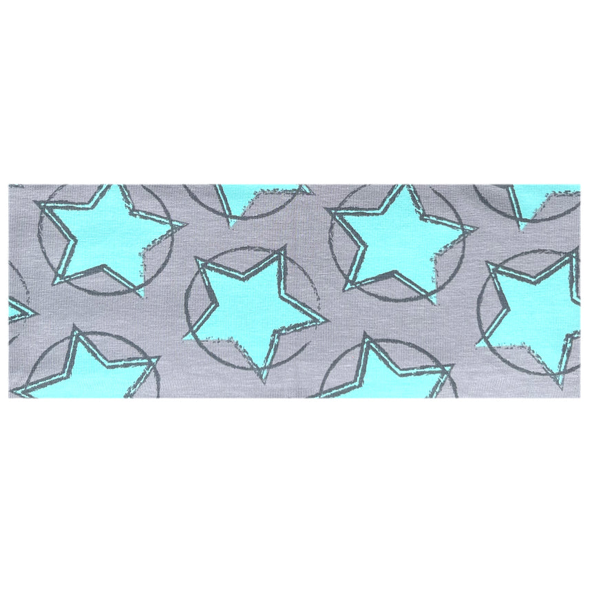 Wollhuhn Elastisches Öko Stirnband: Handgemachtes, doppellagiges Jersey-Stirnband mit blauen Sternmotiven auf grauem Stoff, ideal für vielseitigen Einsatz im Alltag.