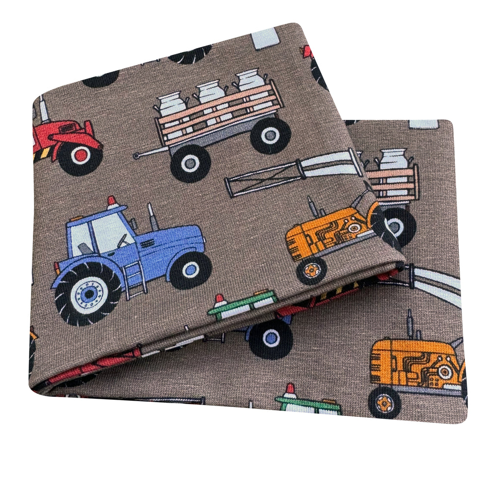 Wollhuhn Elastisches Öko Stirnband/Haarband Jersey Zweilagig Breit mit Traktor-Motiv, handgemacht, weich und dehnbar, ideal für Kinder und Erwachsene.