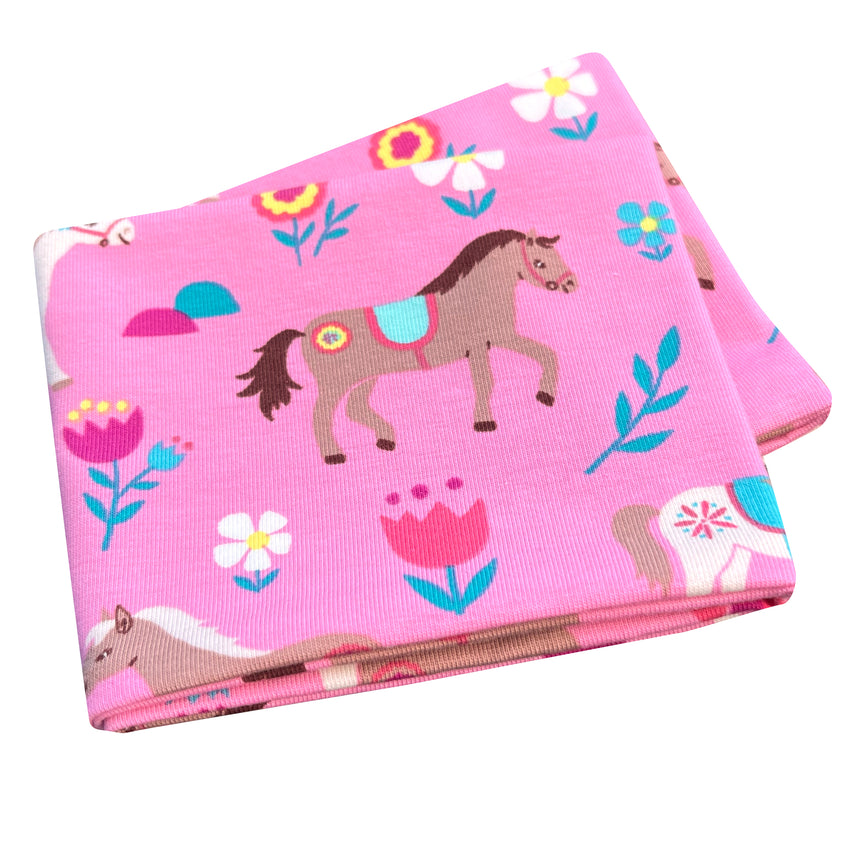 Wollhuhn Elastisches Öko Stirnband / Haarband Jersey Zweilagig Breit Pony/Pferde Rosa, zeigt Pferd und Blumen auf weichem, handgemachtem Jersey-Stirnband.