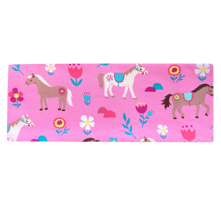 Wollhuhn Elastisches Öko Stirnband Jersey mit Pferdemotiv, handgemacht, zweilagig, ideal für Aktivitäten, stilvoll und bequem für Kinder und Erwachsene.