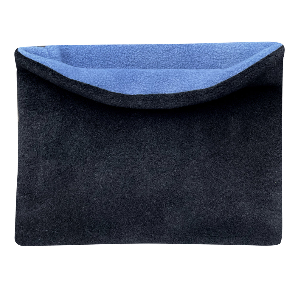 Wollhuhn WINTER Halstuch/Schlupfschal „Unser Wärmster“, doppellagiger Fleece, handgefertigt, Schwarz/Jeansblau, ideal für Kinder und Erwachsene, weich und winddicht.