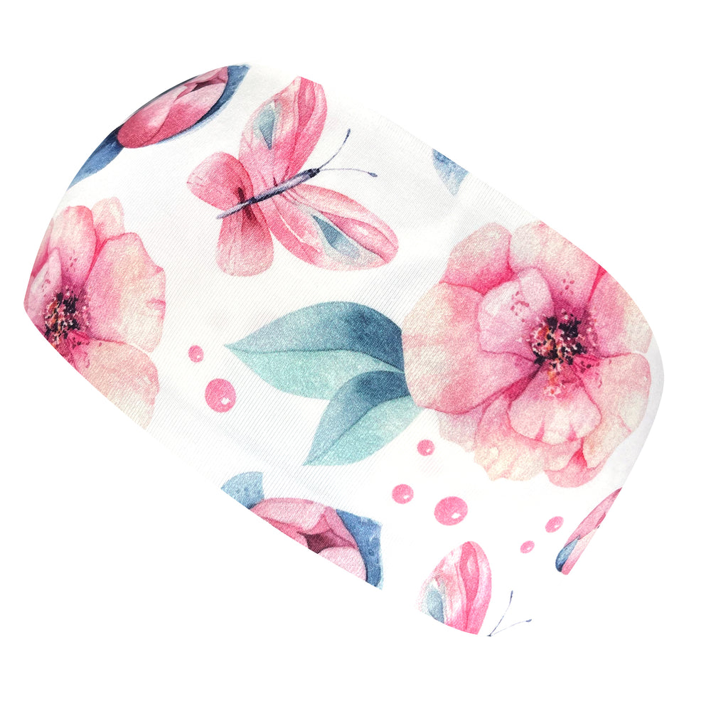 Wollhuhn Elastisches Öko Stirnband aus Jersey, zweilagig und breit, mit rosa Blumenmuster und Schmetterlingen, handgefertigt und vielseitig tragbar für Kinder und Erwachsene.