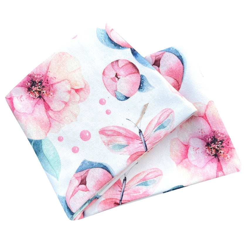 Wollhuhn Elastisches Öko Stirnband / Haarband Jersey Zweilagig Breit Blumen Altrosé, handgemacht aus weichem Jersey mit Blumenmuster, ideal für Kinder und Erwachsene.