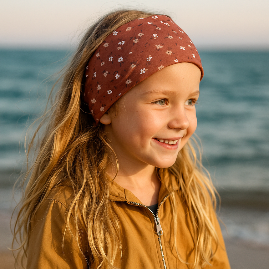 Mädchen am Strand trägt Wollhuhn Elastisches Öko Stirnband in Braun mit Miniblümchenmuster, passend für Outdoor-Aktivitäten, handgemacht aus Bio-Baumwolle.